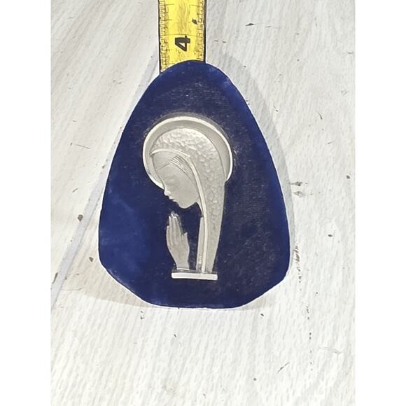 Vtg Sacred Heart Pewter Mary Marked Italy Cobalt Blue Easel Display Religious - Picture 4 of 6